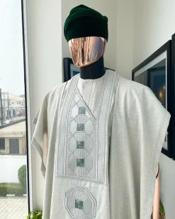 A Pearl ivory, interwoven octagon embroidery design agbada