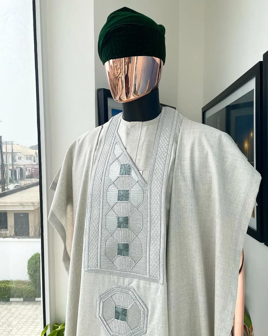 A Pearl ivory, interwoven octagon embroidery design agbada