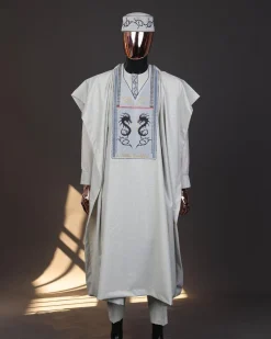 A Pearl River Grey, House Of Dragon Embroidery Details Agbada