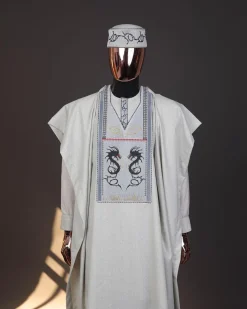 A Pearl River Grey, House Of Dragon Embroidery Details Agbada