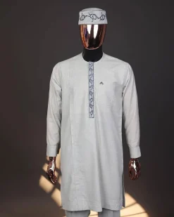 A Pearl river grey house of dragon embroidery details, long-sleeve kaftan, hat and Sokoto