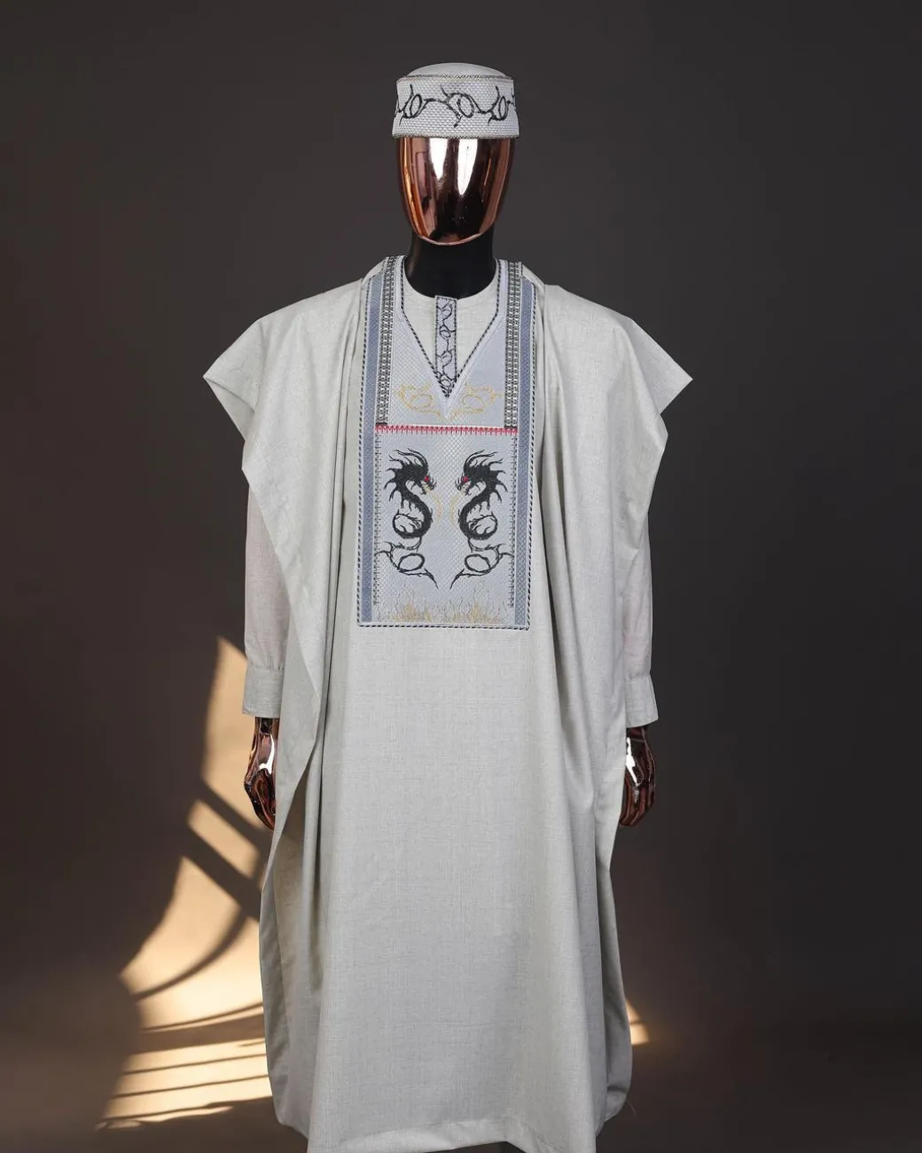 A Pearl River Grey, House Of Dragon Embroidery Details Agbada