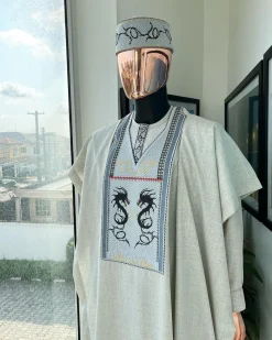 A Pearl River Grey, House Of Dragon Embroidery Details Agbada