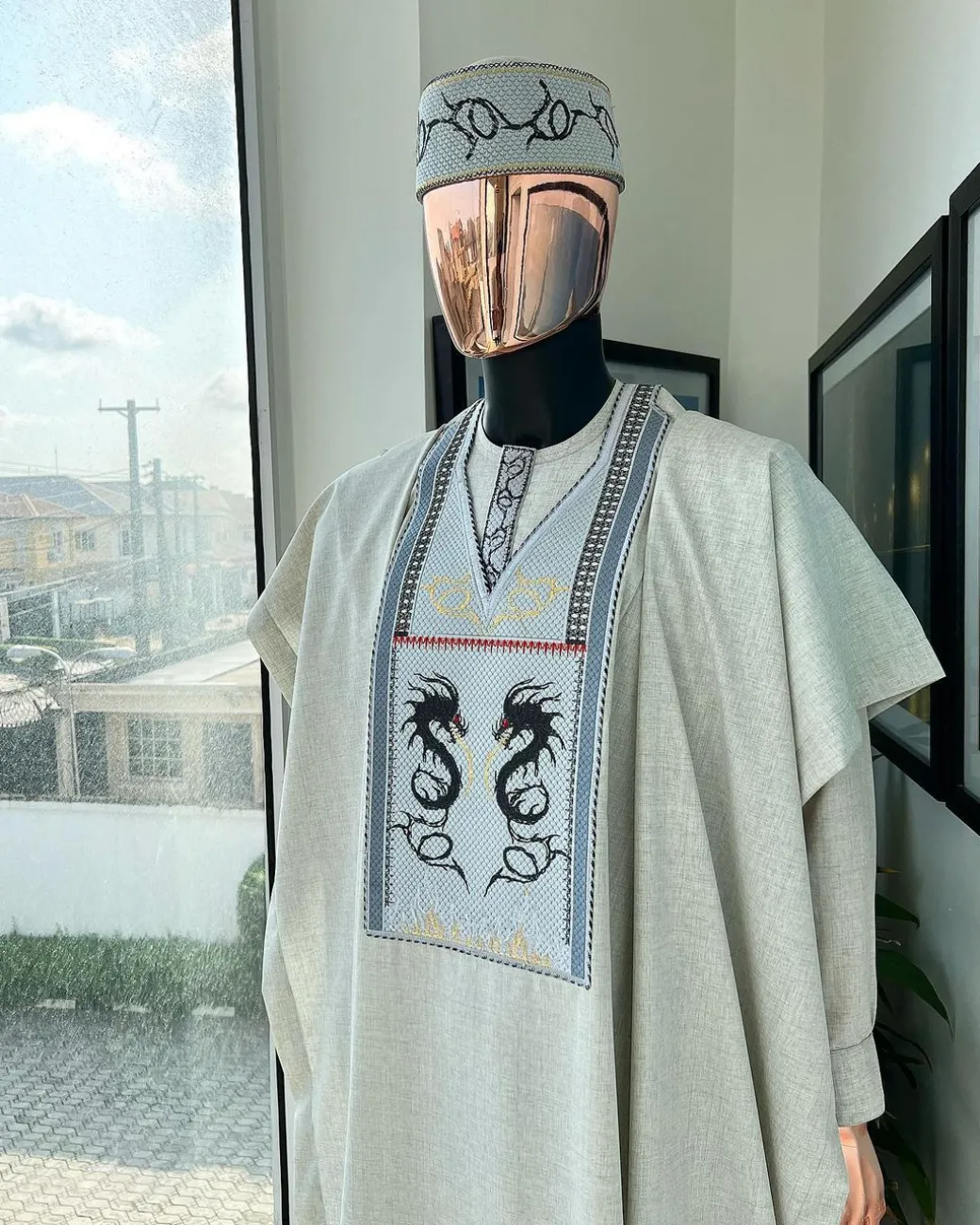 A Pearl River Grey, House Of Dragon Embroidery Details Agbada