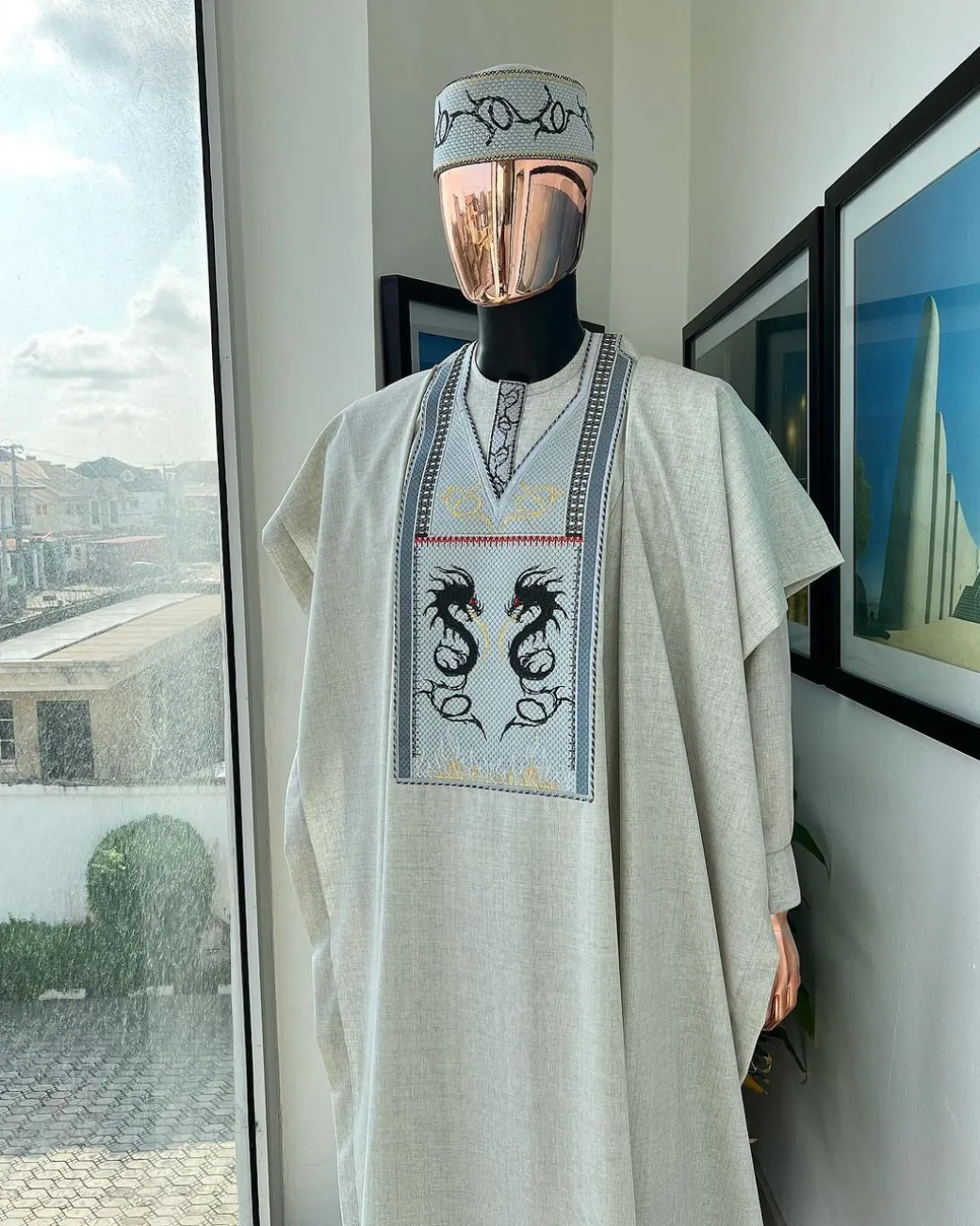 A Pearl River Grey, House Of Dragon Embroidery Details Agbada