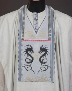 A Pearl River Grey, House Of Dragon Embroidery Details Agbada