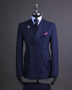 A Pencil stripe and navy blue – Jorgecarli – peak lapel double breasted suit