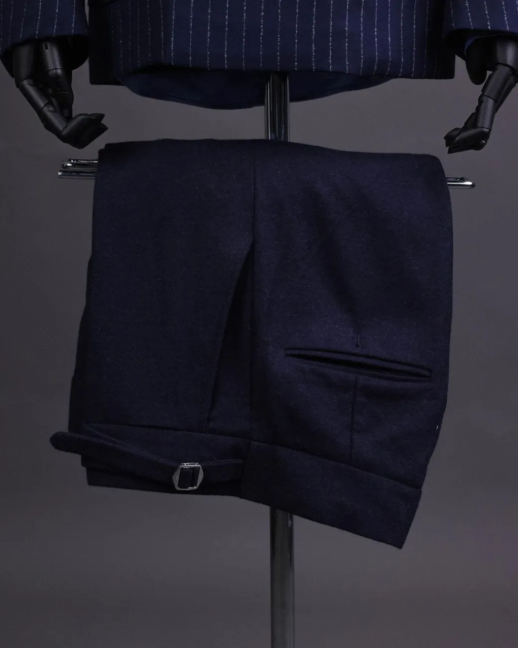 A Pencil stripe and navy blue – Jorgecarli – peak lapel double breasted suit