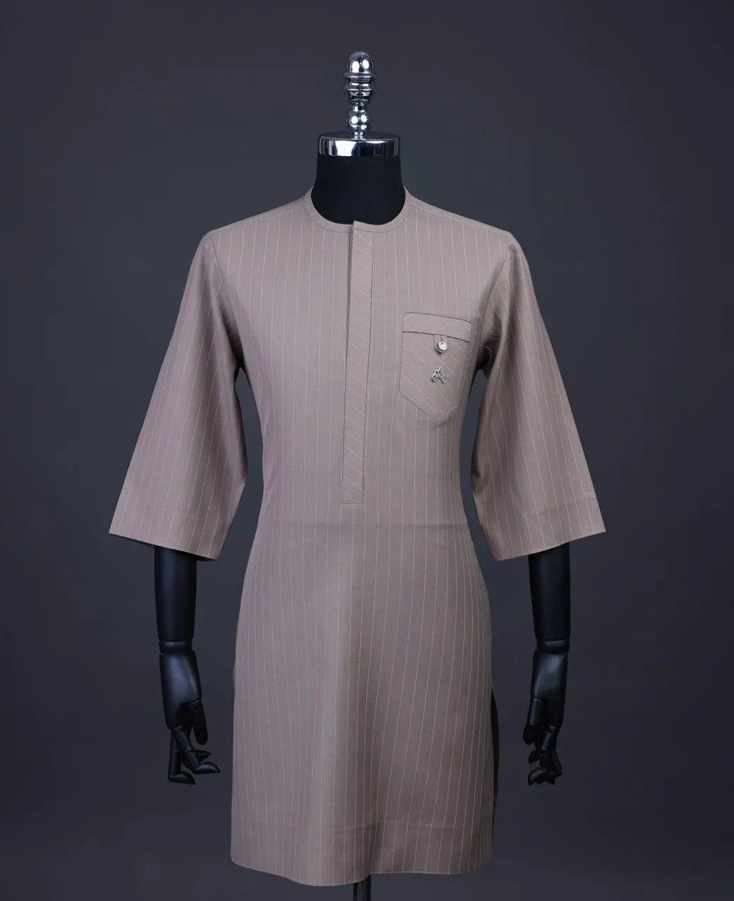 A pencil stripe, Brown, Front flap, combat patch pocket, 3/4 sleeve details African senator kaftan native.