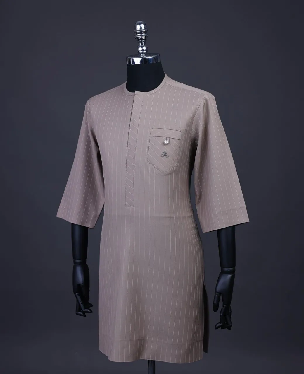 A pencil stripe, Brown, Front flap, combat patch pocket, 3/4 sleeve details African senator kaftan native.