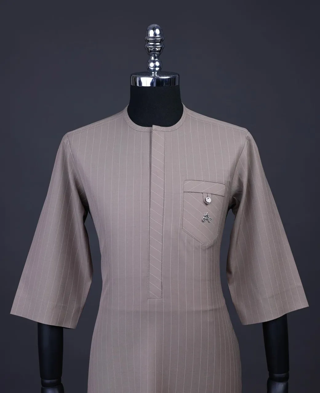 A pencil stripe, Brown, Front flap, combat patch pocket, 3/4 sleeve details African senator kaftan native.