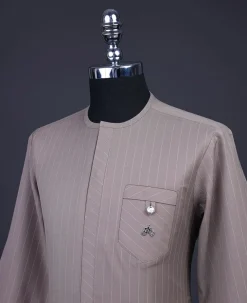 A pencil stripe, Brown, Front flap, combat patch pocket, 3/4 sleeve details African senator kaftan native.