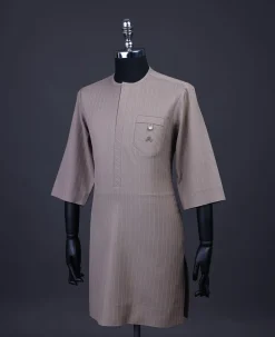A pencil stripe, Brown, Front flap, combat patch pocket, 3/4 sleeve details African senator kaftan native.