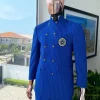 A pencil stripe cobalt & sky blue “preacher” double breasted safari suit