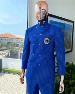 A pencil stripe cobalt & sky blue “preacher” double breasted safari suit