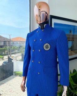 A pencil stripe cobalt & sky blue “preacher” double breasted safari suit