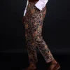 A pencil-cut, brown-mix metallic floral jacquard side strap with metal adjuster pant