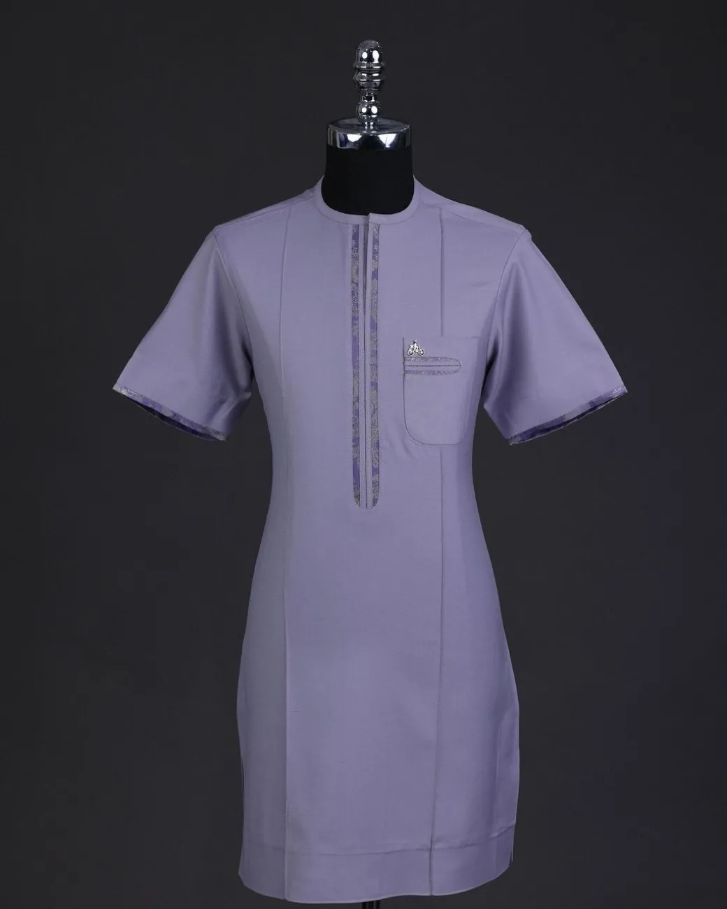 A periwinkle purple, zip line, paisley details, short sleeve African senator kaftan native.