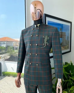 A phthalo green and clay orange windowpane check “preacher” double breasted safari suit