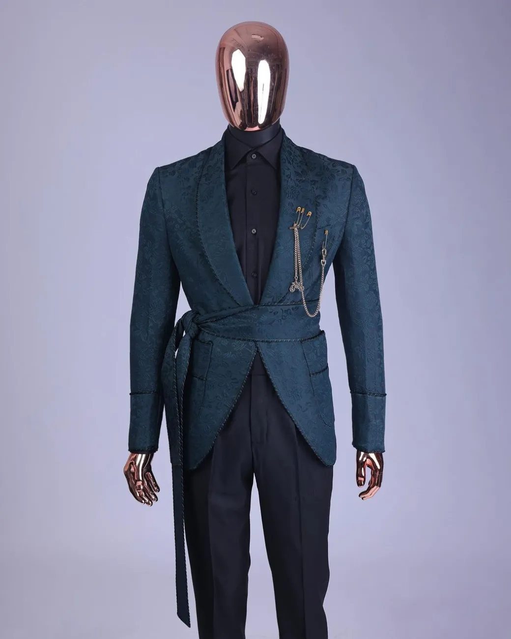 A Phythalo Green, Floral Patterned Shawl Lapel, Single Button Smoking Tuxedo Suit