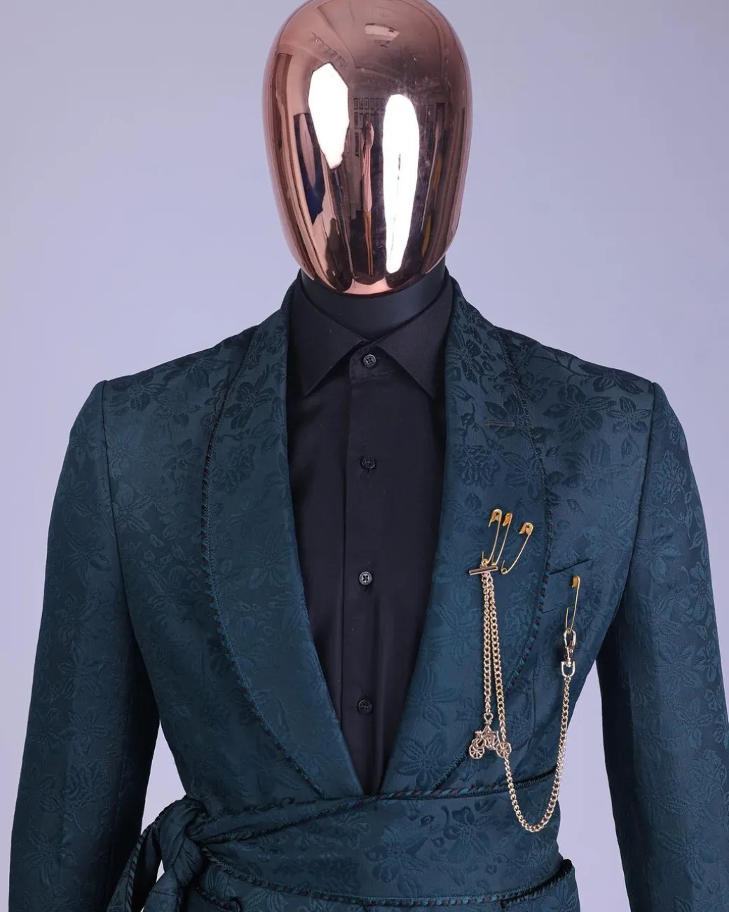A Phythalo Green, Floral Patterned Shawl Lapel, Single Button Smoking Tuxedo Suit