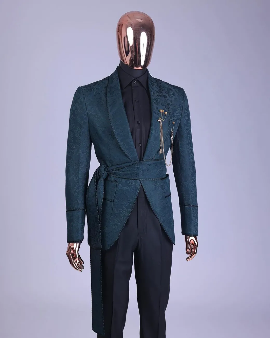 A Phythalo Green, Floral Patterned Shawl Lapel, Single Button Smoking Tuxedo Suit