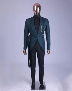 A Phythalo Green, Floral Patterned Shawl Lapel, Single Button Smoking Tuxedo Suit