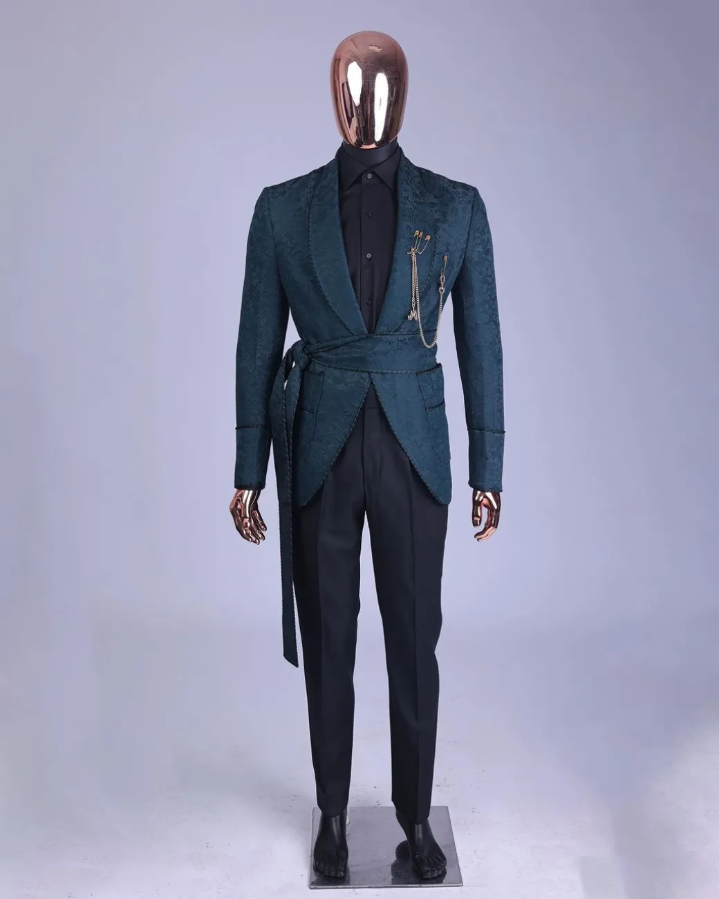 A Phythalo Green, Floral Patterned Shawl Lapel, Single Button Smoking Tuxedo Suit