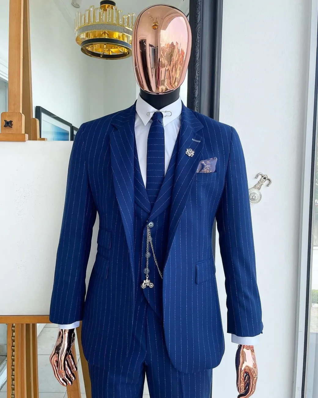 A Pin Stripe, Admiral, and Skye Blue Mix: Jorgecarli Super 140’s “Board Room” notch lapel suit