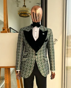 A Pine, pistachio green and black mix metallic jacquard, peak lapel tuxedo suit