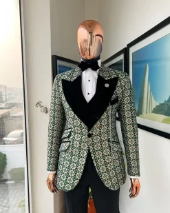 A Pine, pistachio green and black mix metallic jacquard, peak lapel tuxedo suit