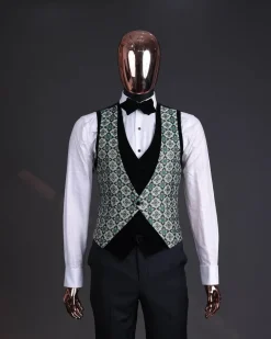 A Pine, pistachio green and black mix metallic jacquard, peak lapel tuxedo suit