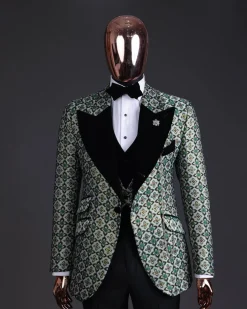 A Pine, pistachio green and black mix metallic jacquard, peak lapel tuxedo suit