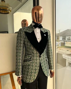 A Pine, pistachio green and black mix metallic jacquard, peak lapel tuxedo suit