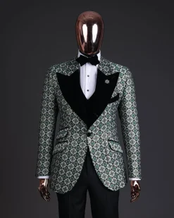 A Pine, pistachio green and black mix metallic jacquard, peak lapel tuxedo suit