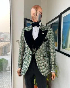 A Pine, pistachio green and black mix metallic jacquard, peak lapel tuxedo suit