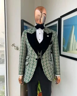 A Pine, pistachio green and black mix metallic jacquard, peak lapel tuxedo suit