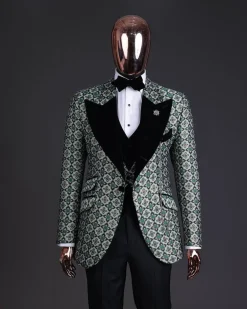 A Pine, pistachio green and black mix metallic jacquard, peak lapel tuxedo suit