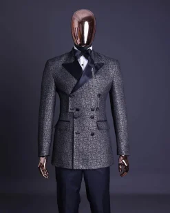 A “pirate” metallic jacquard, layered double breasted, 10 buttons, peak lapel tuxedo suit