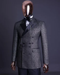 A “pirate” metallic jacquard, layered double breasted, 10 buttons, peak lapel tuxedo suit