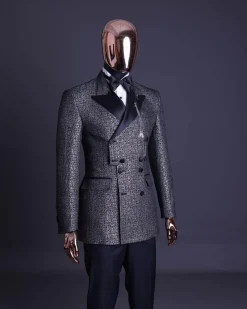 A “pirate” metallic jacquard, layered double breasted, 10 buttons, peak lapel tuxedo suit