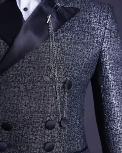 A “pirate” metallic jacquard, layered double breasted, 10 buttons, peak lapel tuxedo suit