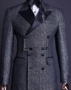 A “pirate” metallic jacquard, layered double breasted, 10 buttons, peak lapel tuxedo suit