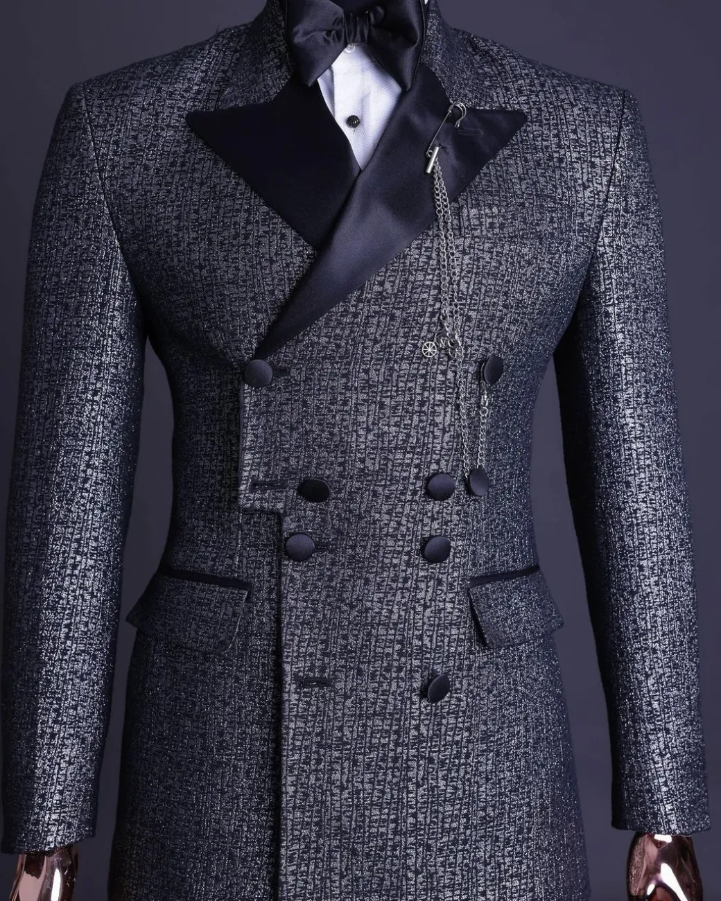 A “pirate” metallic jacquard, layered double breasted, 10 buttons, peak lapel tuxedo suit