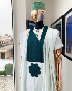 A pistachio green, connected inverted square ping green embroidery design agbada