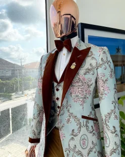 A pistachio green, pink and brown floral metallic jacquard tuxedo suit