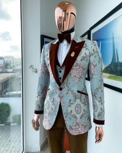 A pistachio green, pink and brown floral metallic jacquard tuxedo suit