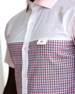 A Plaid check, pink and white seersucker mix casual shirt.