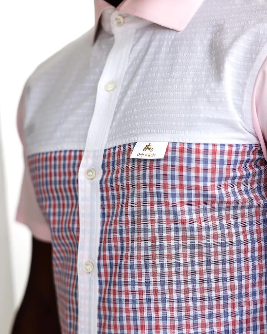 A Plaid check, pink and white seersucker mix casual shirt.