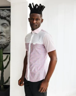 A Plaid check, pink and white seersucker mix casual shirt.
